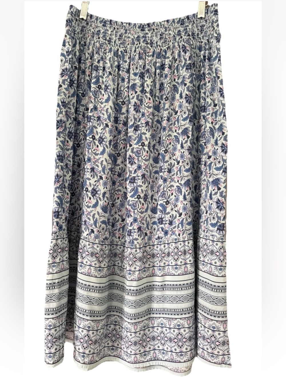 J Jill Bohemian Aqua Blue Smocked Waist Printed Midi Skirt Floral Size PXL